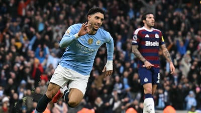 Manchester City's Egyptian striker Omar Marmoush celebrates after scoring his and City's third goal against Newcastle United at the Etihad Stadium on Saturday, February 15, 2025. AFP
