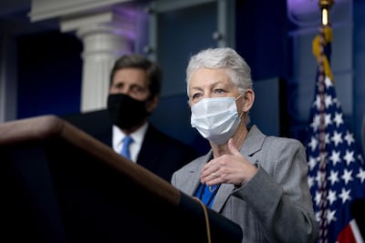Gina McCarthy, White House national climate adviser, speaks while John Kerry, special presidential envoy for climate, listens during a news conference at the White House in Washington last week. Bloomberg