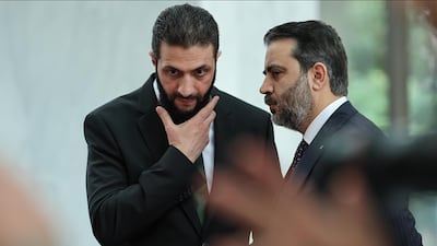 President Ahmad Al Shara, left, the leader of Syria's new administration, sent his Foreign Minister Asaad Al Shibani, right, to Iraq in March.