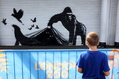 A child looks at an artwork by street artist Banksy, of a a gorilla releasing animals, on the front of a shutter outside London zoo, on August 13. Creative thinking involves creating an environment that encourages curiosity. AFP