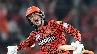 Sunrisers Hyderabad's Abhishek Sharma celebrates his century against Punjab Kings at the Rajiv Gandhi International Stadium in Hyderabad. AFP