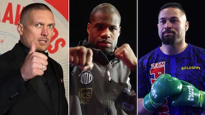 Champion Oleksandr Usyk, left, will likely face Daniel Dubois, centre, or Joseph Parker next. Getty Images