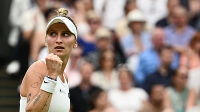 Marketa Vondrousova celebrates winning the first set. AFP