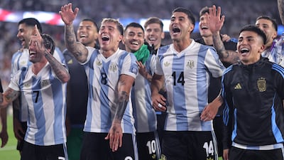 Argentine players celebrate their victory over Brazil and qualification for the 2026 World Cup. EPA
